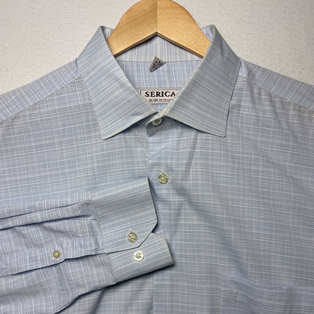 Serica Mens XL Windowpane Dress Shirt Blue Made In Italy Cotton Button Up